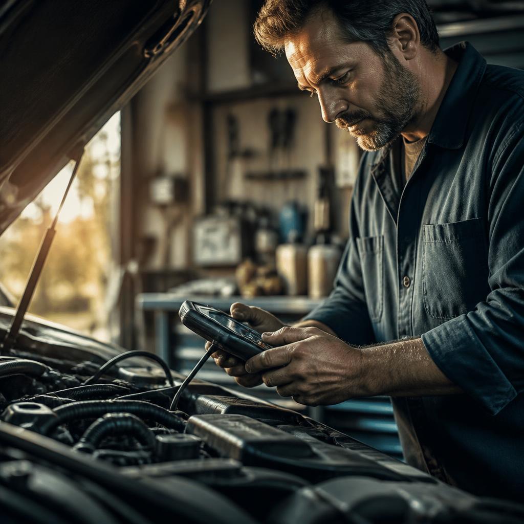 Mechanic carefully inspecting a vehicle engine