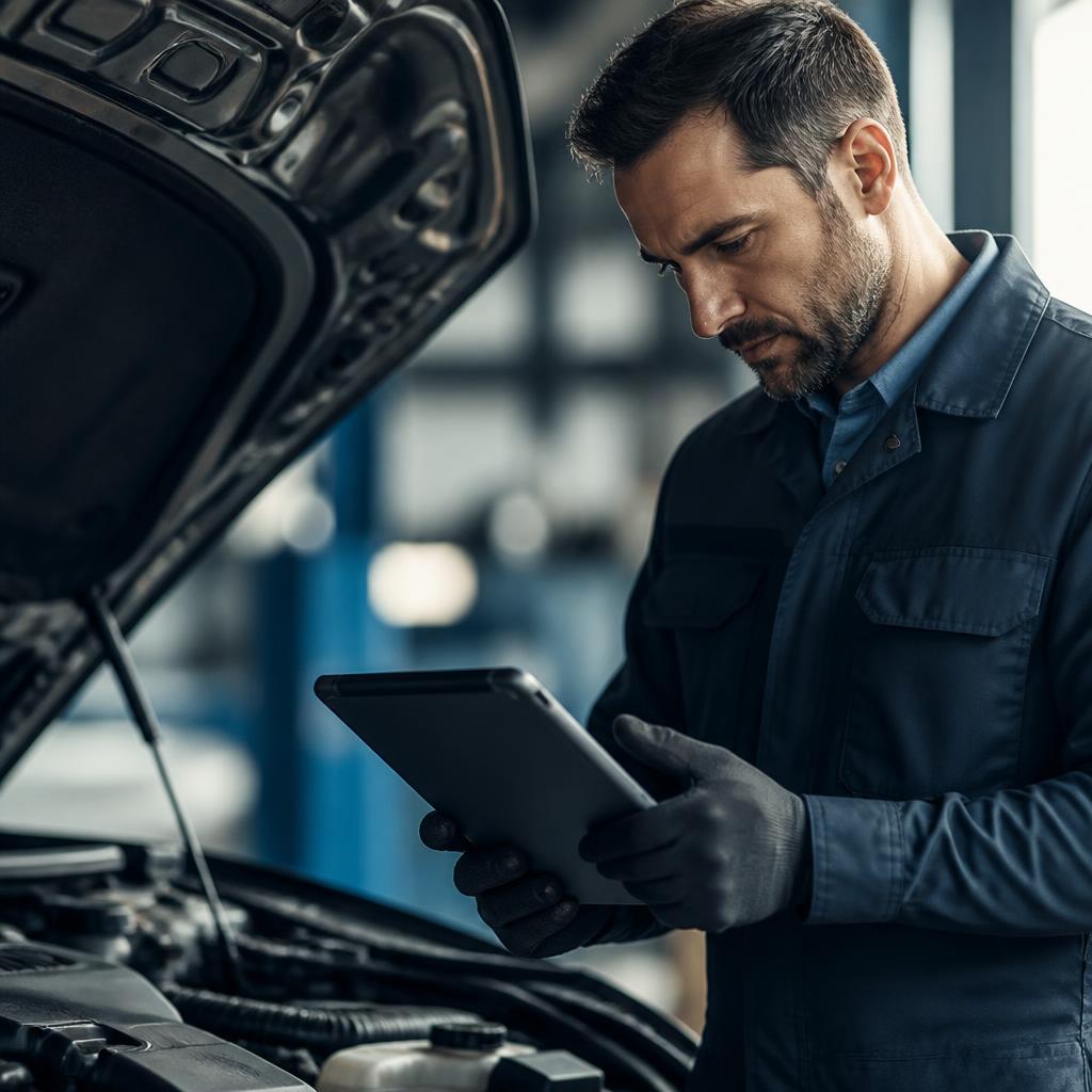 Mechanic reviewing a vehicle diagnostic tool