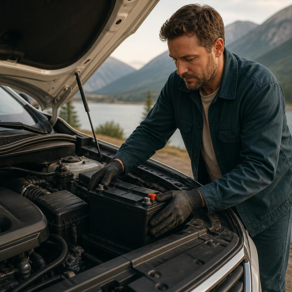 Technician fitting a vehicle battery in a clean engine bay