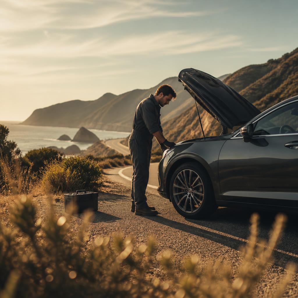 Mobile mechanic assessing a stalled vehicle beside a quiet road