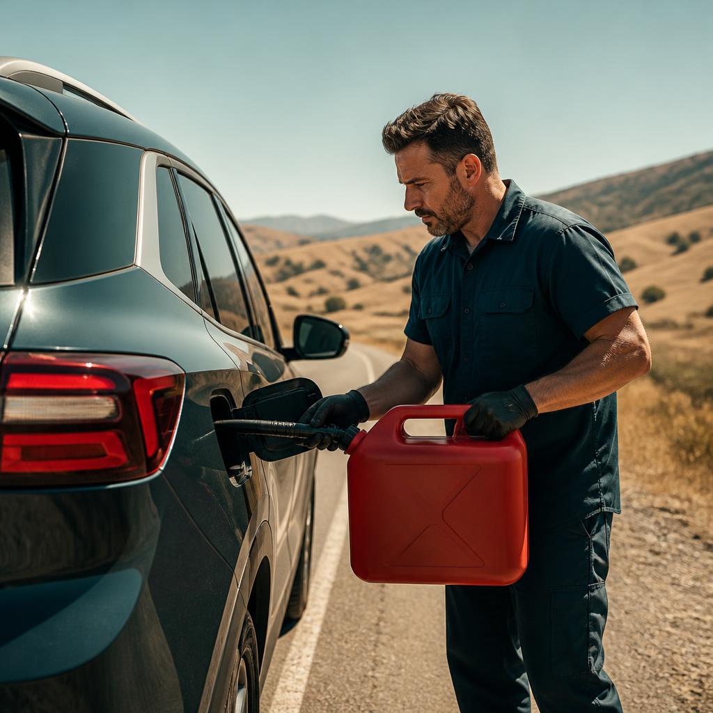 Technician providing roadside fuel assistance for a modern vehicle