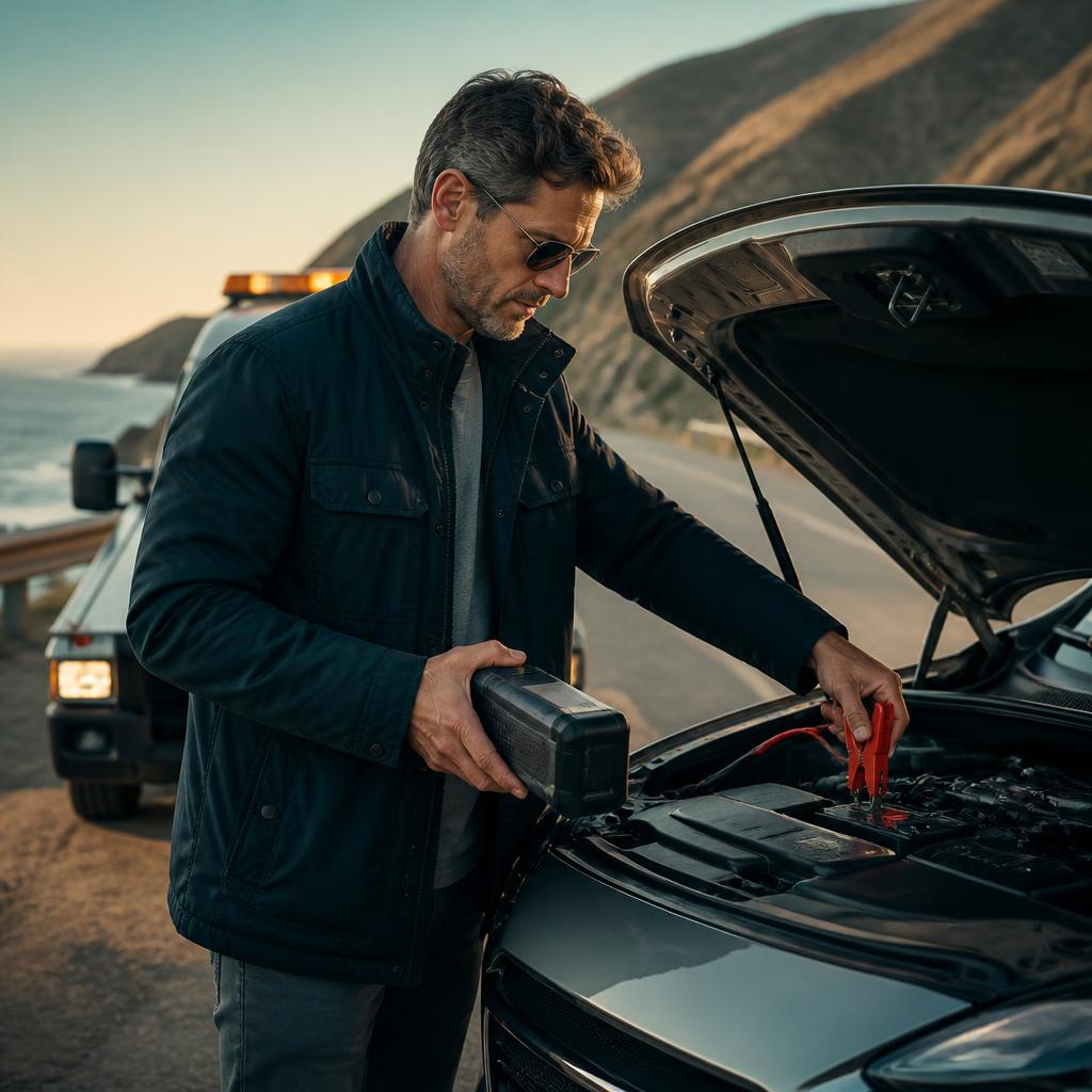Portable jump starter being connected carefully to a vehicle