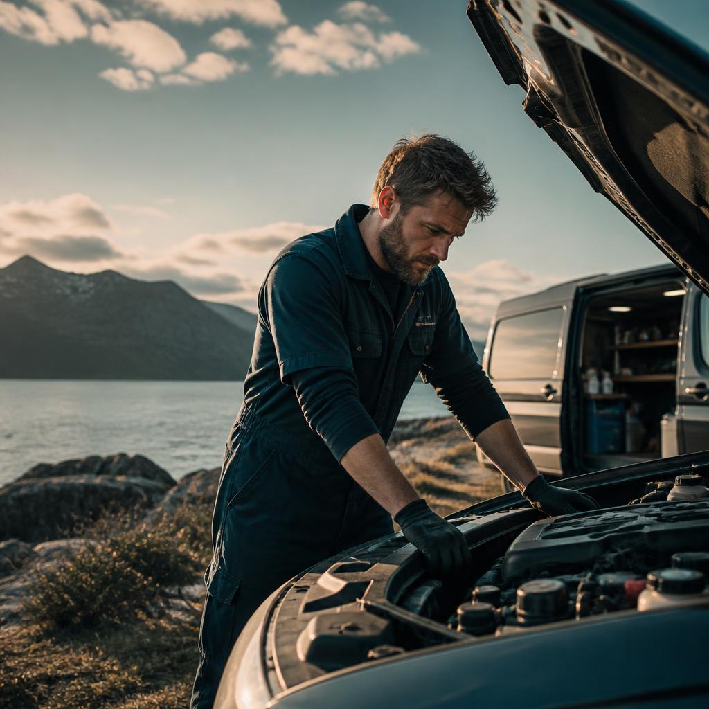 Mobile mechanic working at the open hood of a modern car