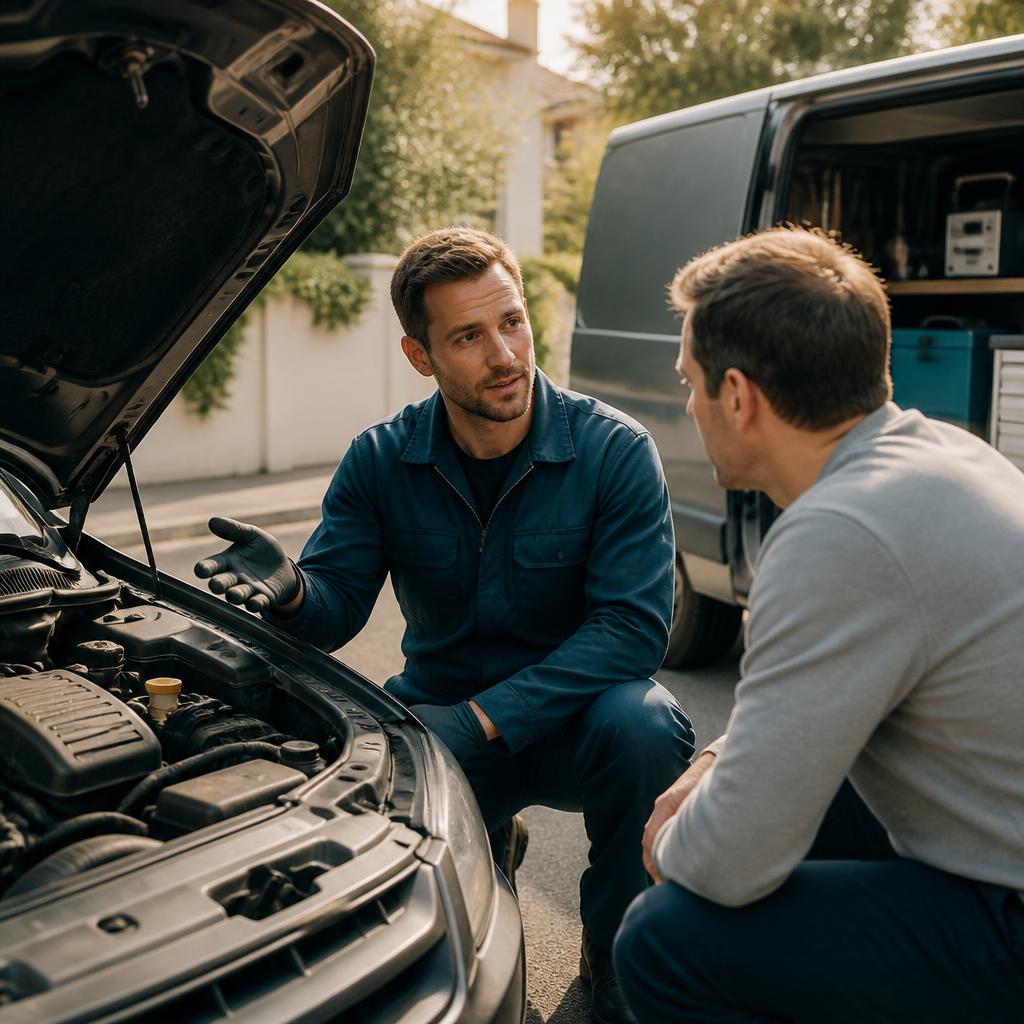 Mechanic explaining a vehicle concern beside an open hood