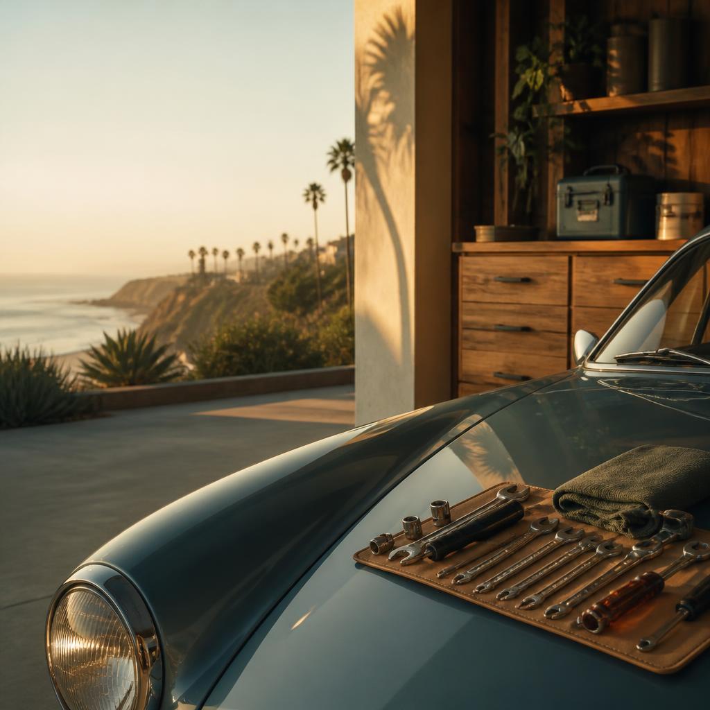 Modern car hood and mechanic tools in warm California light