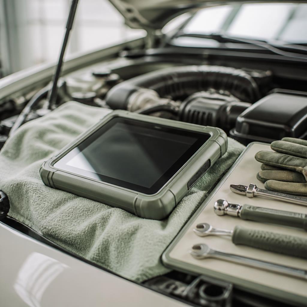 Diagnostic tablet and organized mechanic tools, service inspiration and not completed customer work
