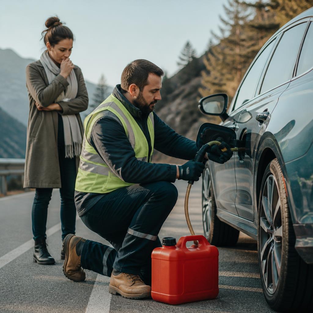 Fuel assistance beside a modern vehicle, service inspiration and not completed customer work