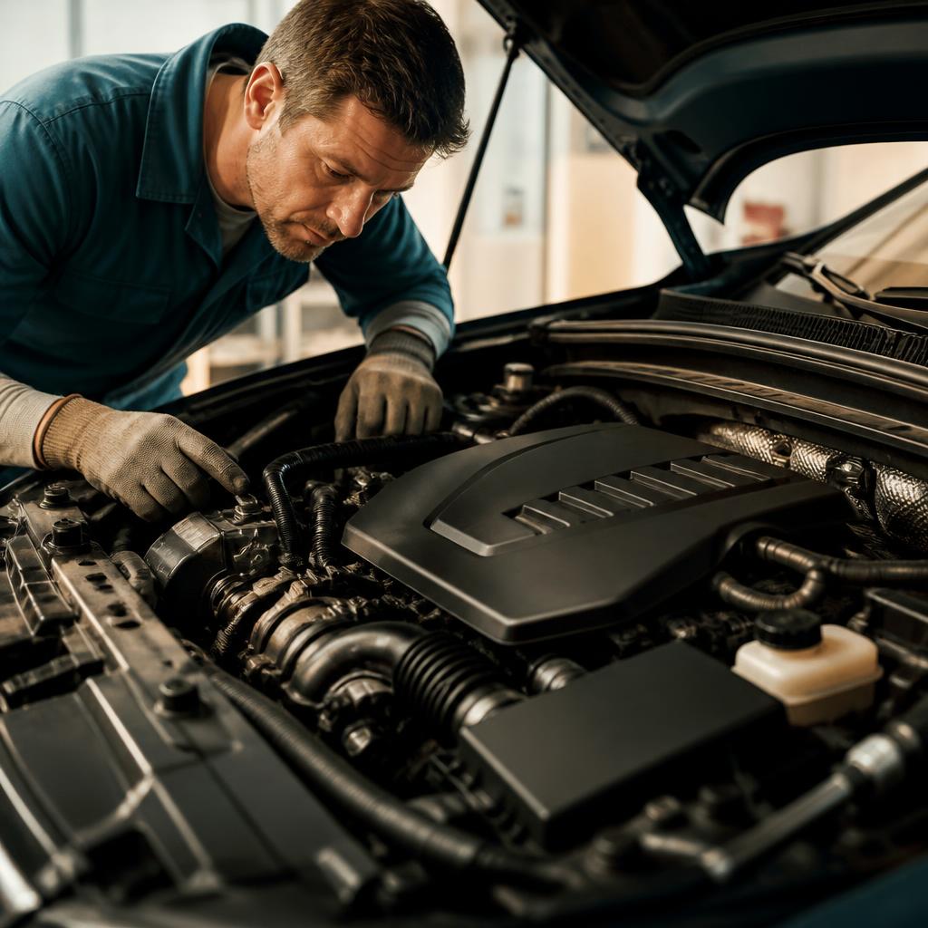 Mechanic checking an open engine bay, service inspiration and not completed customer work