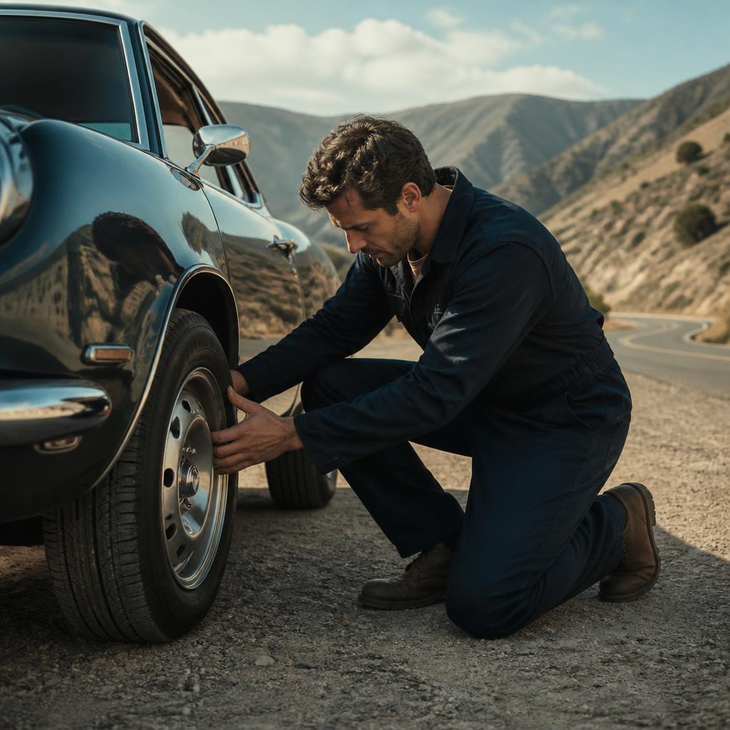 Mechanic checking a vehicle tire at a safe roadside, service inspiration and not completed customer work