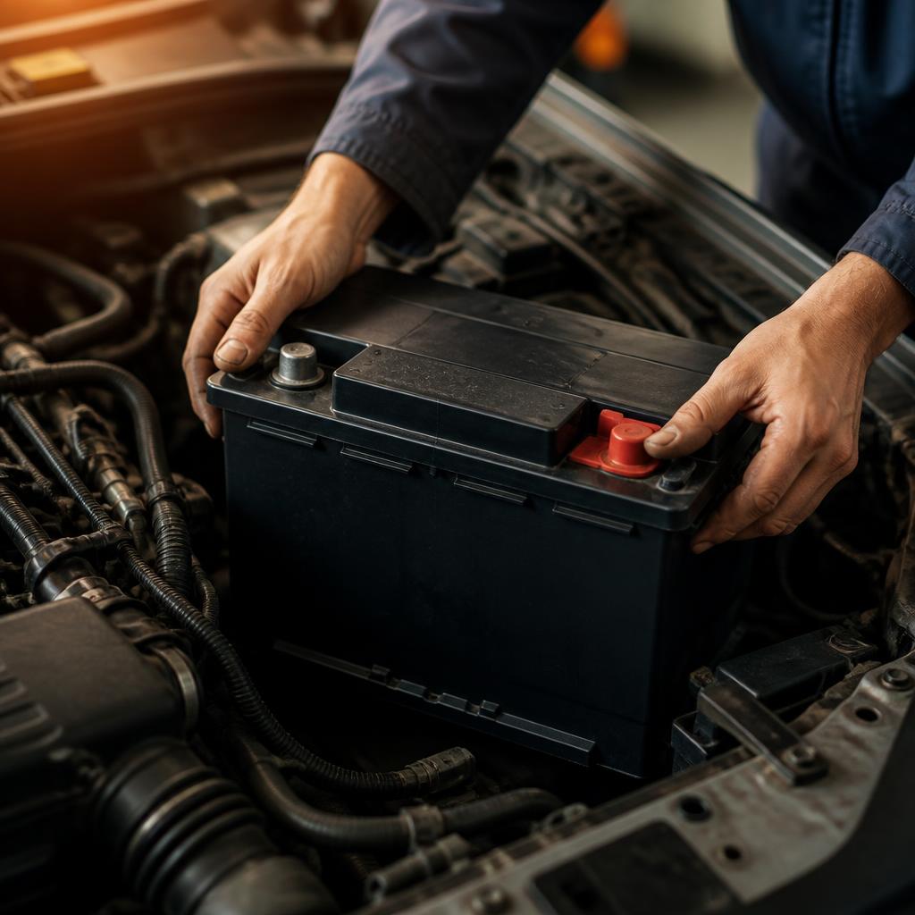 Careful battery replacement in a clean engine bay, service inspiration and not completed customer work