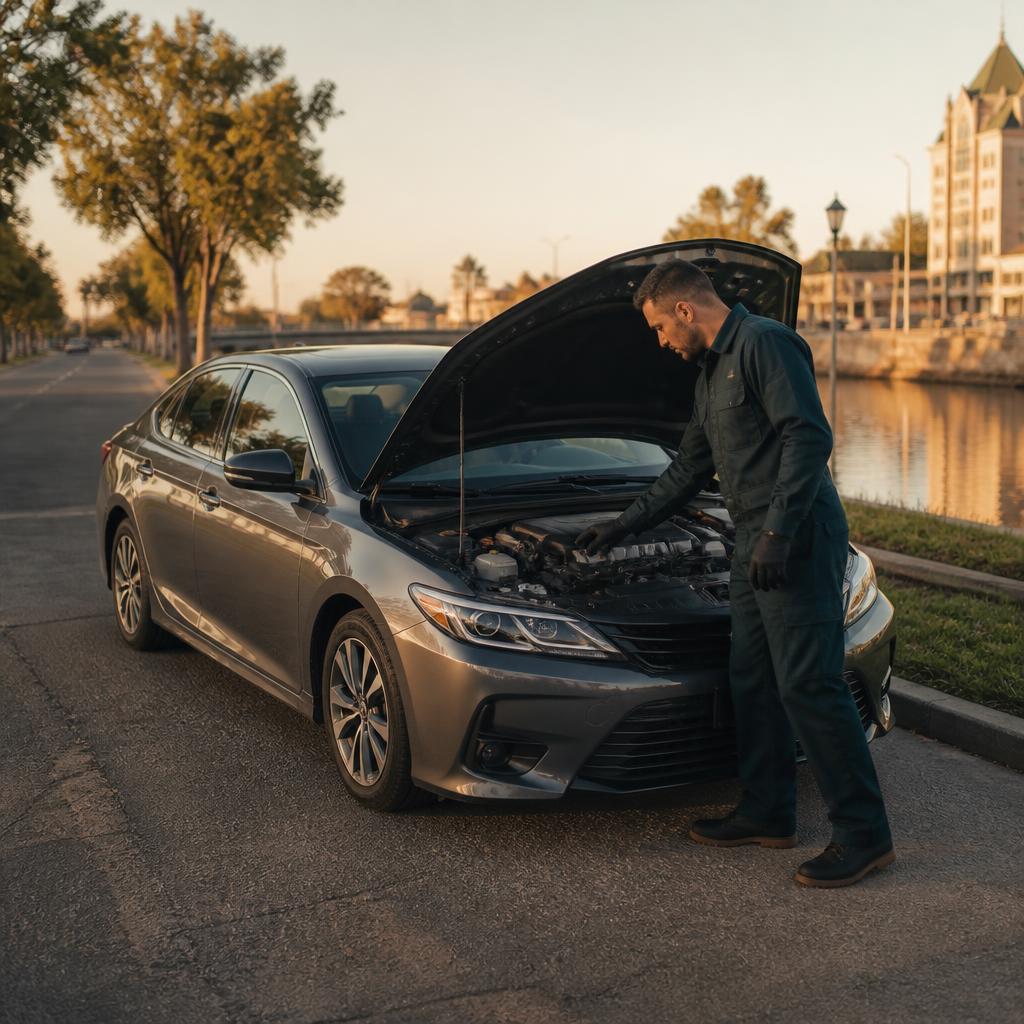 Mobile mechanic inspecting a vehicle beside a quiet California road