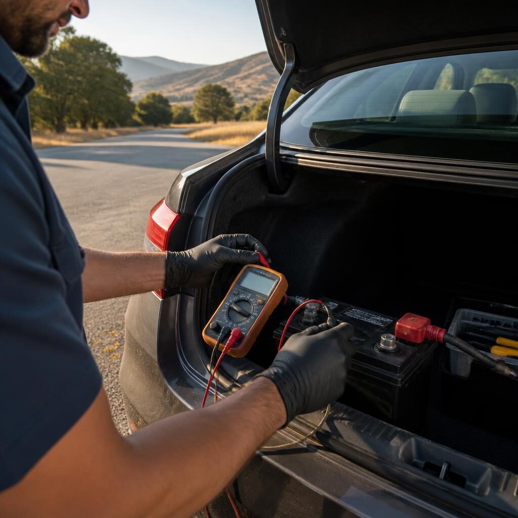 Illustrative battery assessment beside a parked vehicle