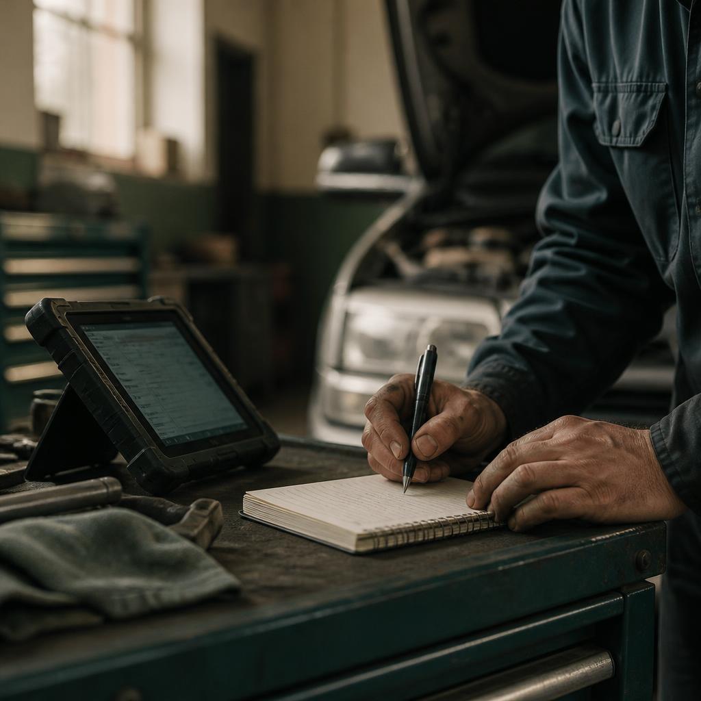 Mechanic hands reviewing service notes beside a diagnostic tablet