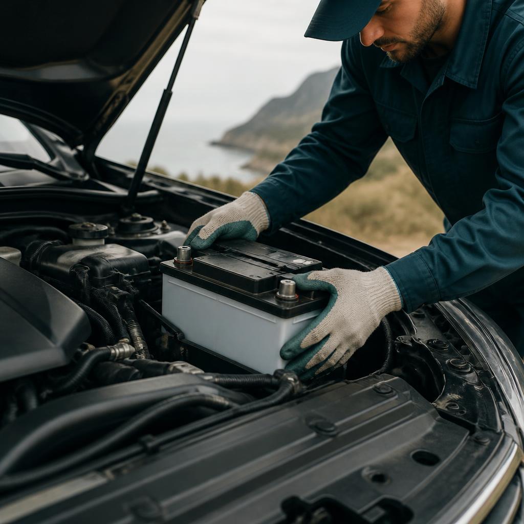 Technician replacing a vehicle battery for service inspiration