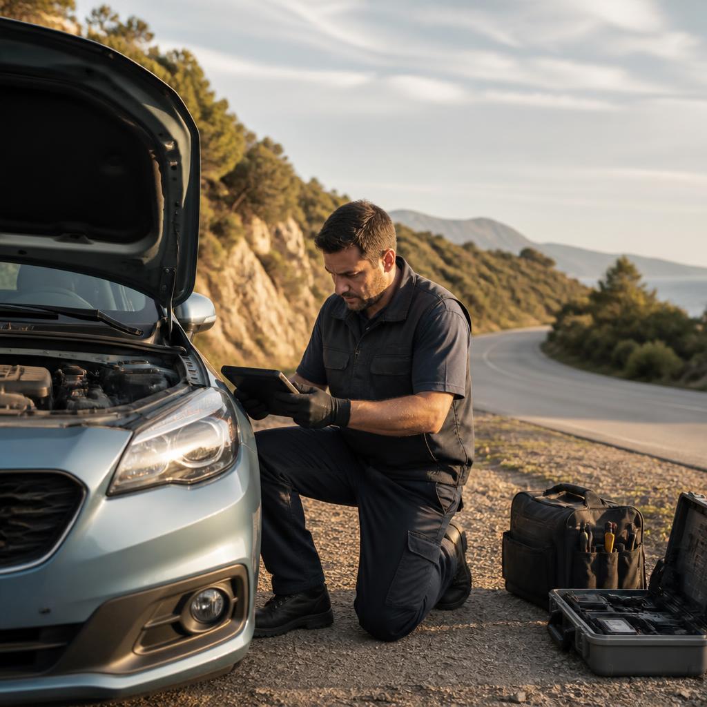 Roadside mechanic inspecting a vehicle for service inspiration