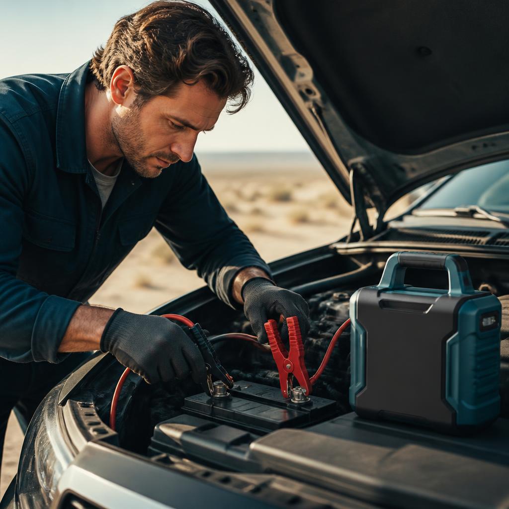 Portable jump starter connected to a vehicle for service inspiration