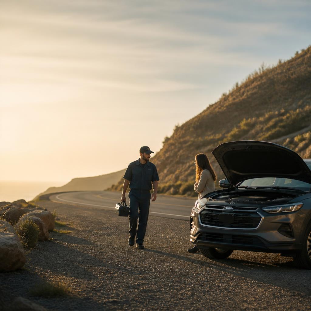 Mobile mechanic arriving near a parked vehicle on a California road