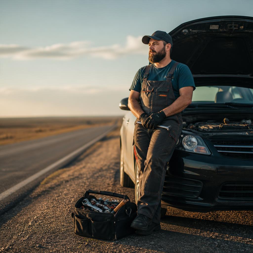 Illustrative roadside mechanic scene for Tracy service inspiration
