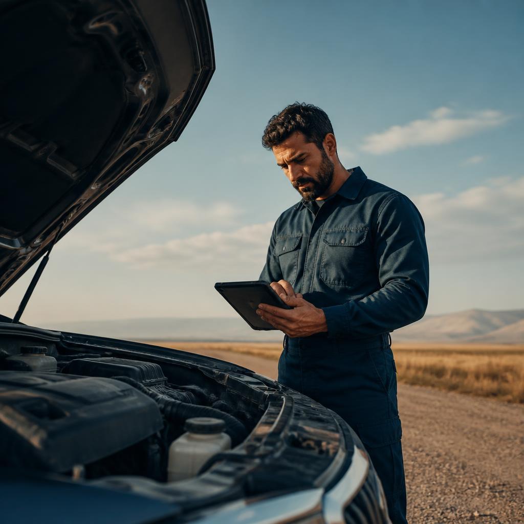 Illustrative mobile mechanic inspecting an engine, service inspiration