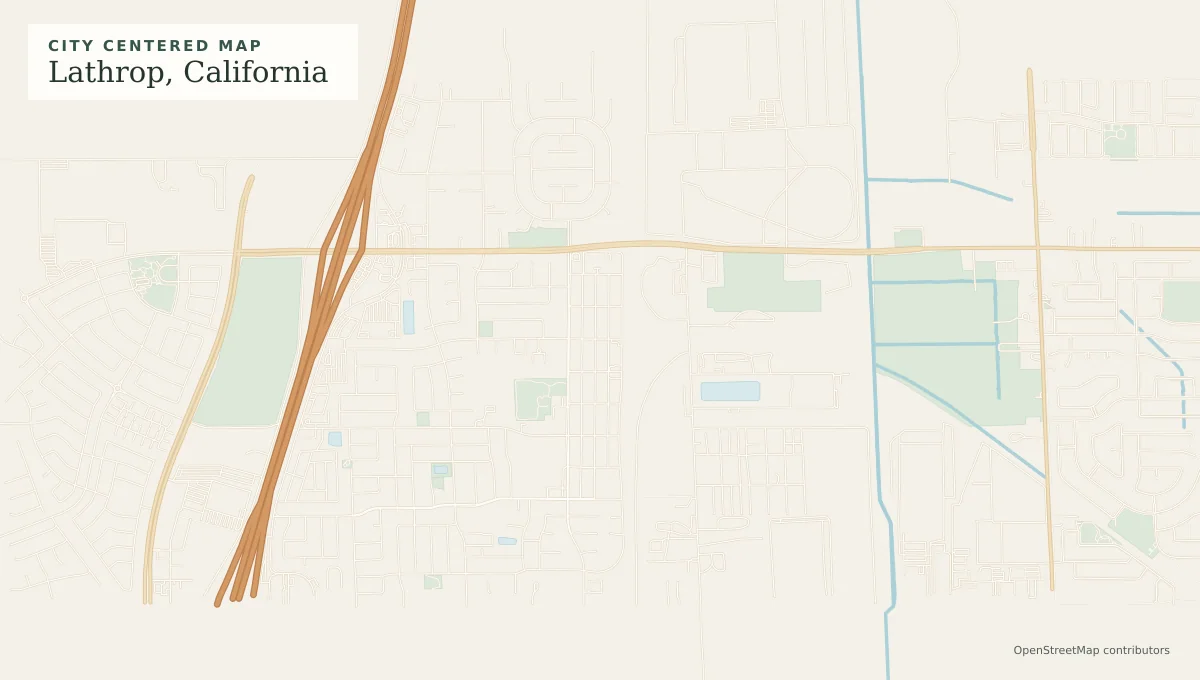 Full color static map centered on Lathrop streets and waterways with no marker