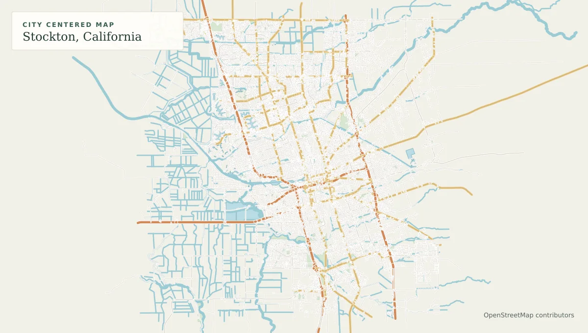 Full color map overview of Stockton streets, green spaces, and water features with no marker