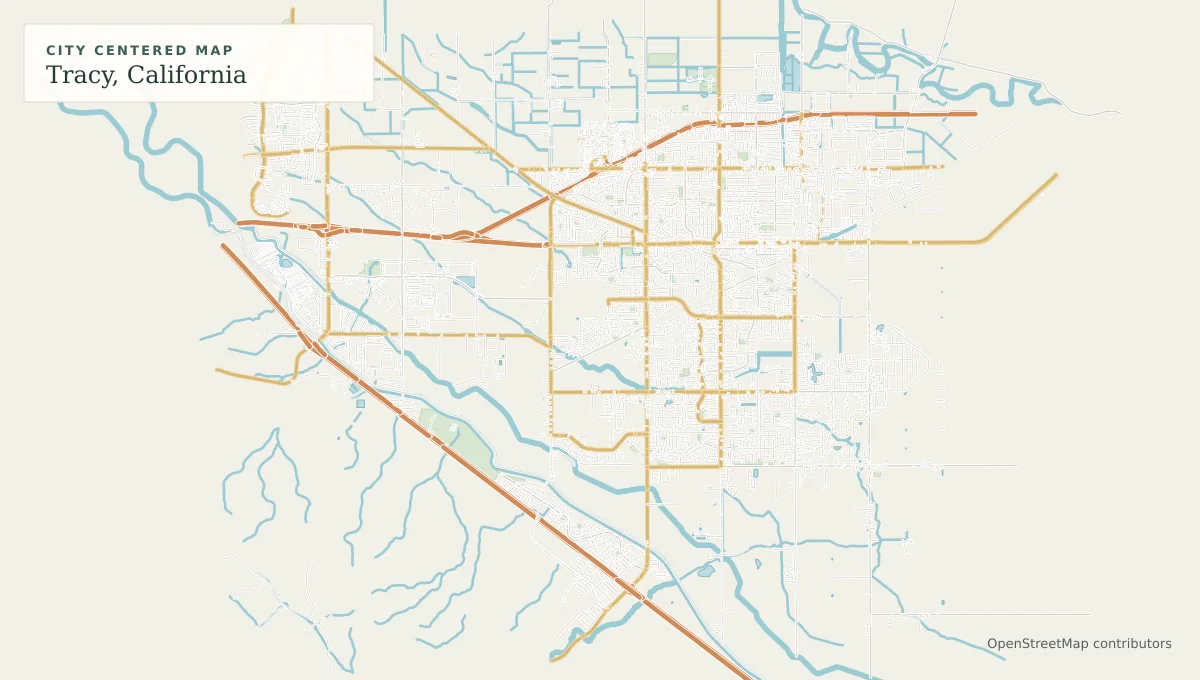 Full color map overview of Tracy streets, green spaces, and water features with no marker